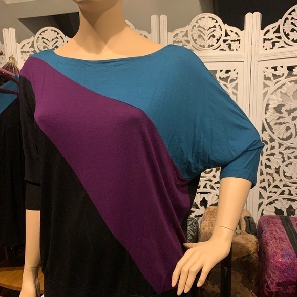 Igigi Dolman-Sleeved Colorblock Tunic Black Violet Aqua Banded Hem Sz 22 / 24 - Picture 3 of 10